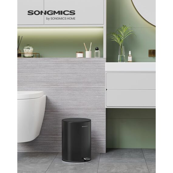 SONGMICS Kosmetikeimer, 6 Liter, Mülleimer Bad, Kleiner Abfalleimer mit Deckel, Softclose, herausnehmbarer Inneneimer aus Kunststoff, für Badezimmer, Büro, Stahl, tintenschwarz LTB012BZ01