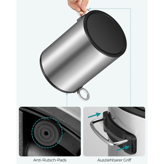 SONGMCIS Kosmetikeimer, 3 l, Mülleimer für Badezimmer, mit Deckel, Softclose, mit Pedal, herausnehmbarer Inneneimer aus Kunststoff, für Badezimmer, Büro, Stahl, Silbermetallic LTB011E01