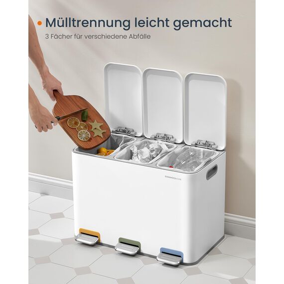 SONGMICS HOME Mülleimer Küche, 3 x 15 L Fächer, Abfalleimer mit farbcodierbaren Pedalen, Mülltrennsystem, mit Deckeln und Inneneimern, Stahl, wolkenweiß LTB740W02V1