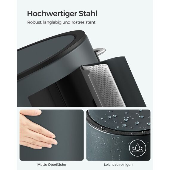 SONGMICS Kosmetikeimer, 3 Liter, Mülleimer Bad, kleiner Abfalleimer mit Deckel, Softclose, herausnehmbarer Inneneimer aus Kunststoff, für Badezimmer, Büro, Stahl, grüngrau LTB011G02