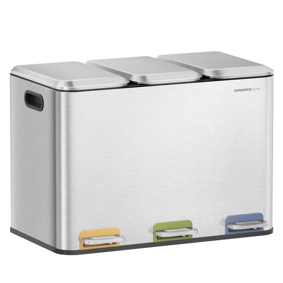 SONGMICS HOME Mülleimer Küche, 3 x 15 L Fächer, Abfalleimer mit farbcodierbaren Pedalen, Mülltrennsystem, mit Deckeln und Inneneimern, Stahl, metallicsilber LTB740E45V1