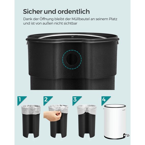 SONGMICS Kosmetikeimer, 3 Liter, Mülleimer Bad, kleiner Abfalleimer mit Deckel, Softclose, herausnehmbarer Inneneimer aus Kunststoff, für Badezimmer, Büro, Stahl, wolkenweiß LTB11WT