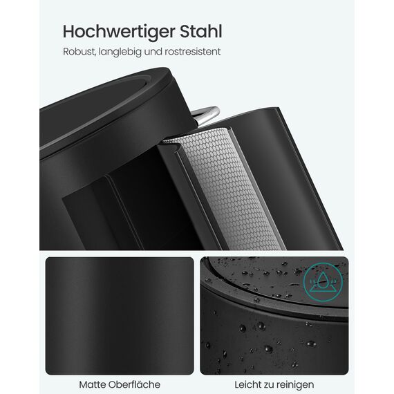 SONGMICS Kosmetikeimer, 6 Liter, Mülleimer Bad, Kleiner Abfalleimer mit Deckel, Softclose, herausnehmbarer Inneneimer aus Kunststoff, für Badezimmer, Büro, Stahl, tintenschwarz LTB012BZ01