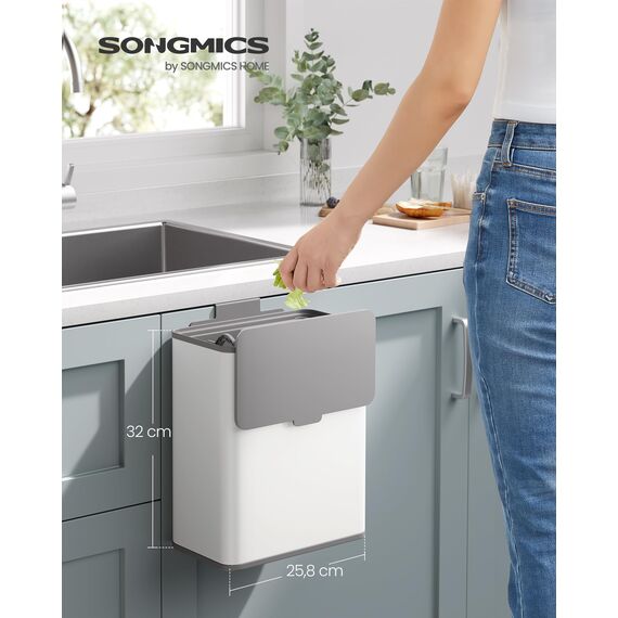 SONGMICS Mülleimer hängend, 8 L Komposteimer Küche, Stahl-Abfalleimer mit Deckel für Biomüll, mit Haken, an der Schranktür oder Wand, für Unterschrank Badezimmer, wolkenweiß LTB810W01