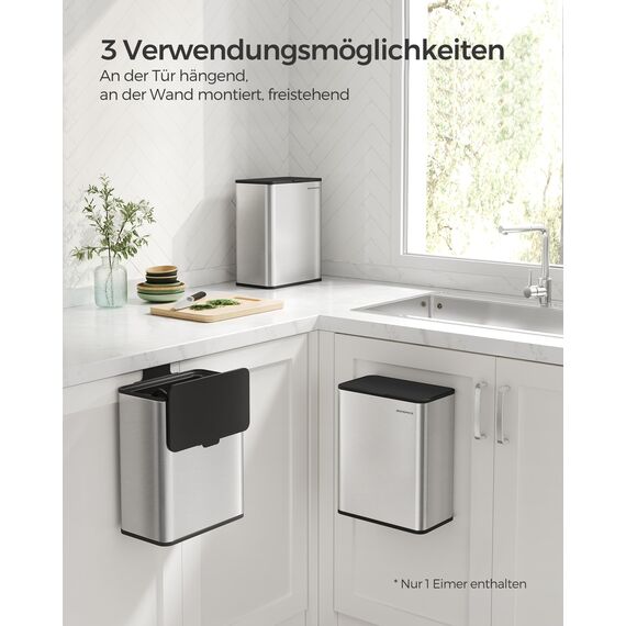 SONGMICS Mülleimer hängend, 8 L Komposteimer Küche, Stahl-Abfalleimer mit Deckel für Biomüll, mit Haken, an der Schranktür oder Wand, für Unterschrank Badezimmer, metallisches Silber LTB810E08