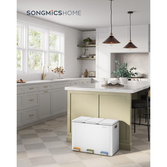 SONGMICS HOME Mülleimer Küche, 3 x 15 L Fächer, Abfalleimer mit farbcodierbaren Pedalen, Mülltrennsystem, mit Deckeln und Inneneimern, Stahl, wolkenweiß LTB740W02V1