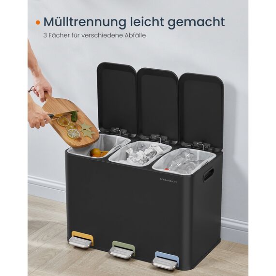 SONGMICS HOME Mülleimer Küche, 3 x 15 L Fächer, Abfalleimer mit farbcodierbaren Pedalen, Mülltrennsystem, mit Deckeln und Inneneimern, Stahl, tintenschwarz LTB740B02V1
