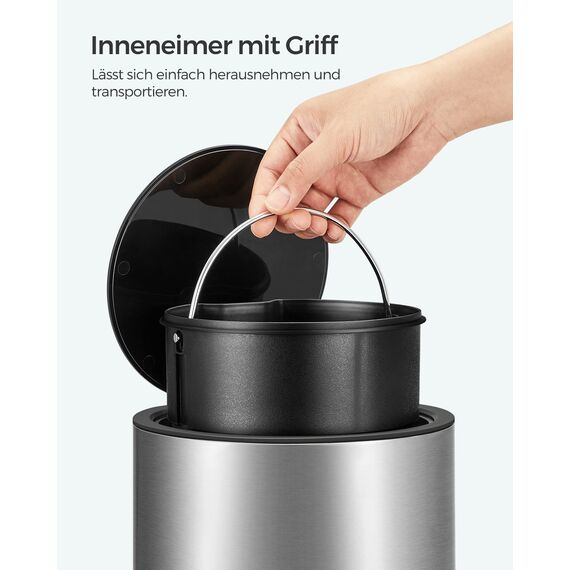 SONGMCIS Kosmetikeimer, 3 l, Mülleimer für Badezimmer, mit Deckel, Softclose, mit Pedal, herausnehmbarer Inneneimer aus Kunststoff, für Badezimmer, Büro, Stahl, Silbermetallic LTB011E01