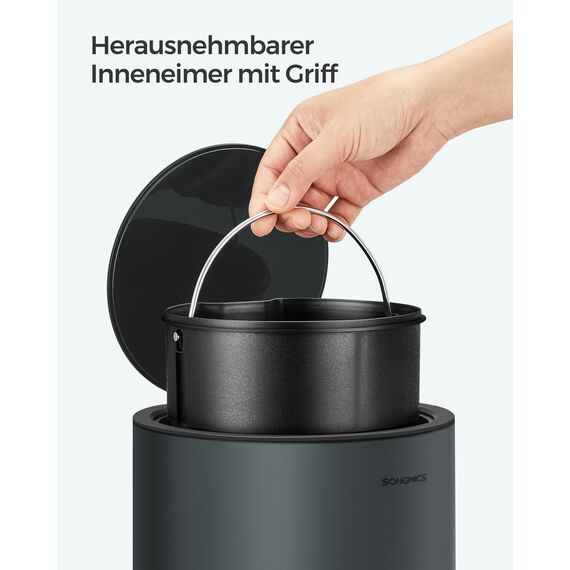 SONGMICS Kosmetikeimer, 3 Liter, Mülleimer Bad, kleiner Abfalleimer mit Deckel, Softclose, herausnehmbarer Inneneimer aus Kunststoff, für Badezimmer, Büro, Stahl, grüngrau LTB011G02