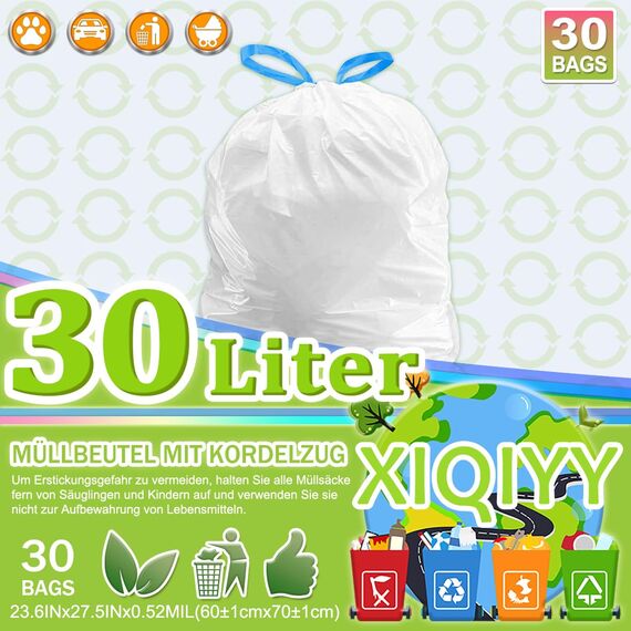 XIQIYY 30L Müllbeutel mit Zugband,Müllsäcke mit Tragegriff 30 Stück Groß Mülltüten mit Kordelzug,für 25–35Liter Küchen Lebensmittel,Büro,Wohnzimmer Mülleimer(60x70cm,Weiß Abfallsack)