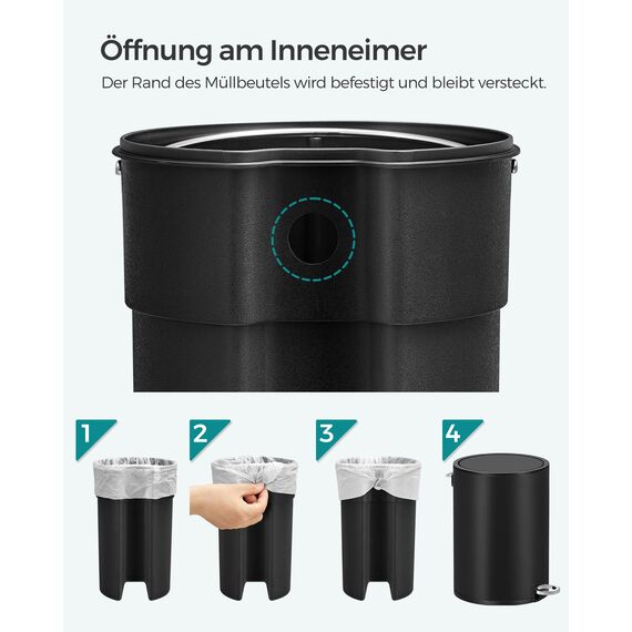 SONGMICS Kosmetikeimer 3 Liter, Bad Mülleimer, kleiner Mülleimer mit Deckel, Softclose, herausnehmbarer Inneneimer aus Kunststoff, für Badezimmer, Büro, Stahl, tintenschwarz LTB011B01