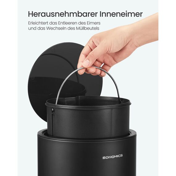 SONGMICS Kosmetikeimer, 6 Liter, Mülleimer Bad, Kleiner Abfalleimer mit Deckel, Softclose, herausnehmbarer Inneneimer aus Kunststoff, für Badezimmer, Büro, Stahl, tintenschwarz LTB012BZ01