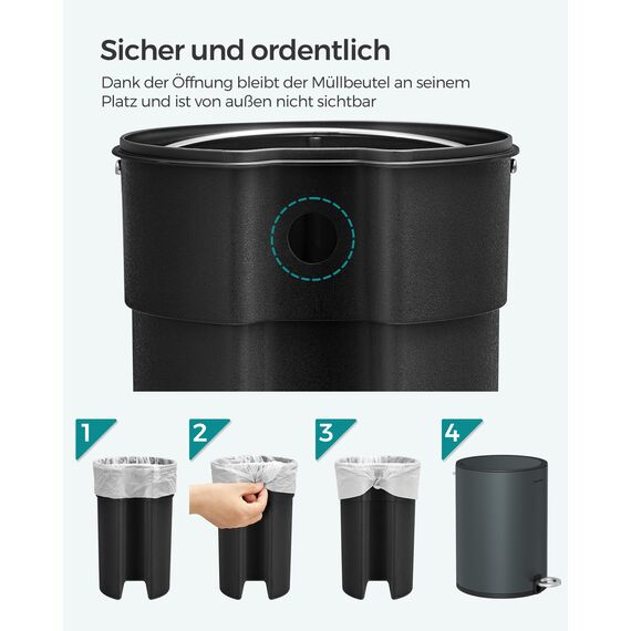 SONGMICS Kosmetikeimer, 3 Liter, Mülleimer Bad, kleiner Abfalleimer mit Deckel, Softclose, herausnehmbarer Inneneimer aus Kunststoff, für Badezimmer, Büro, Stahl, grüngrau LTB011G02