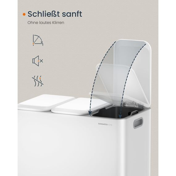 SONGMICS HOME Mülleimer Küche, 3 x 15 L Fächer, Abfalleimer mit farbcodierbaren Pedalen, Mülltrennsystem, mit Deckeln und Inneneimern, Stahl, wolkenweiß LTB740W02V1