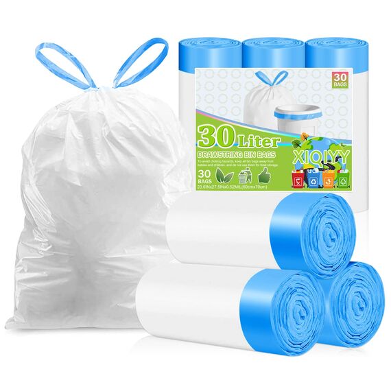 XIQIYY 30L Müllbeutel mit Zugband,Müllsäcke mit Tragegriff 30 Stück Groß Mülltüten mit Kordelzug,für 25–35Liter Küchen Lebensmittel,Büro,Wohnzimmer Mülleimer(60x70cm,Weiß Abfallsack)