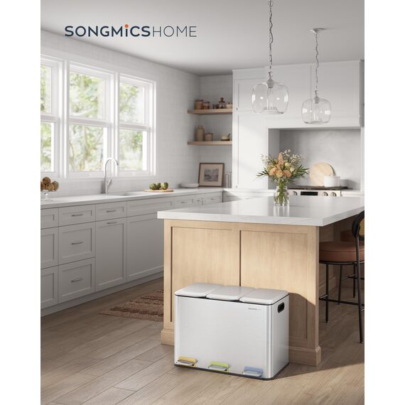 SONGMICS HOME Mülleimer Küche, 3 x 15 L Fächer, Abfalleimer mit farbcodierbaren Pedalen, Mülltrennsystem, mit Deckeln und Inneneimern, Stahl, metallicsilber LTB740E45V1