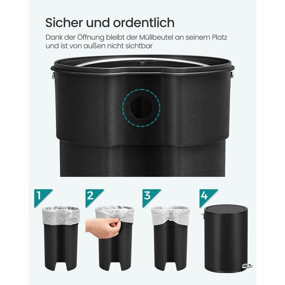 SONGMICS Kosmetikeimer, 6 Liter, Mülleimer Bad, Kleiner Abfalleimer mit Deckel, Softclose, herausnehmbarer Inneneimer aus Kunststoff, für Badezimmer, Büro, Stahl, tintenschwarz LTB012BZ01