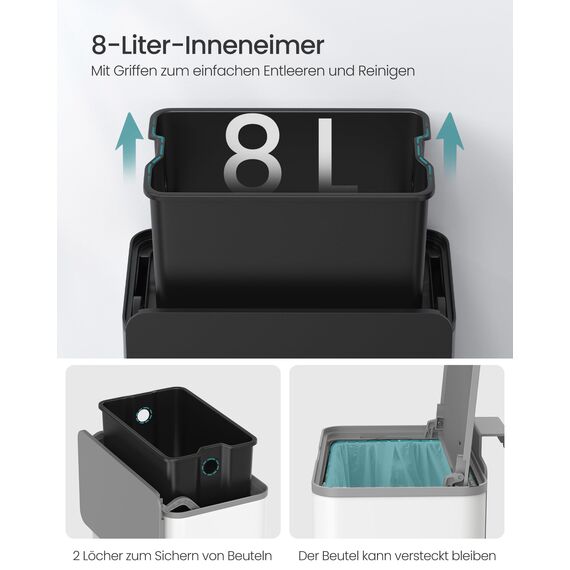 SONGMICS Mülleimer hängend, 8 L Komposteimer Küche, Stahl-Abfalleimer mit Deckel für Biomüll, mit Haken, an der Schranktür oder Wand, für Unterschrank Badezimmer, wolkenweiß LTB810W01