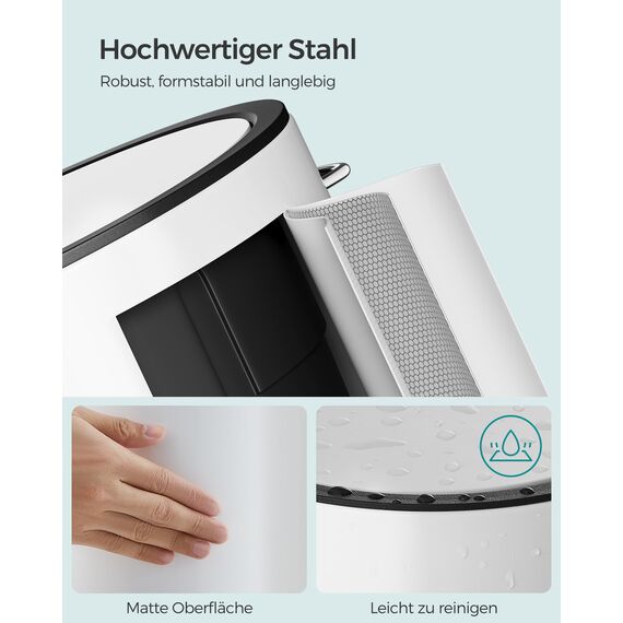 SONGMICS Kosmetikeimer, 3 Liter, Mülleimer Bad, kleiner Abfalleimer mit Deckel, Softclose, herausnehmbarer Inneneimer aus Kunststoff, für Badezimmer, Büro, Stahl, wolkenweiß LTB11WT