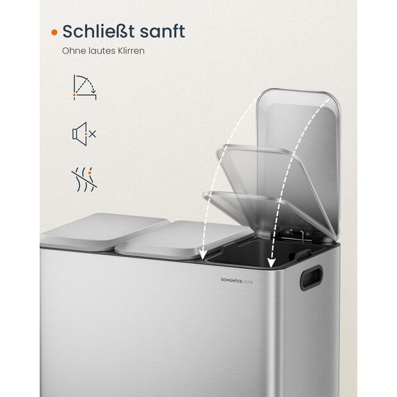 SONGMICS HOME Mülleimer Küche, 3 x 15 L Fächer, Abfalleimer mit farbcodierbaren Pedalen, Mülltrennsystem, mit Deckeln und Inneneimern, Stahl, metallicsilber LTB740E45V1