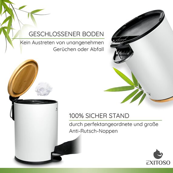 Exitoso kleiner Mülleimer Bad weiß - Kosmetikeimer 3L Bambus rutschfest - Tretmülleimer Bad Edelstahl mit Softclose Deckel - Badmülleimer Kosmetikeimer weiß Bad Mülleimer Badezimmer WC Eimer