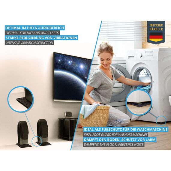 Schwingungsdämpfer Waschmaschinen 90x90x15mm - 8er Set - Anti vibration Pads, Gummiunterlage Antivibrationsunterlage für Trockner, Möbel & co - Unterlage Antirutschunterlage - DEUTSCHE PRODUKTION