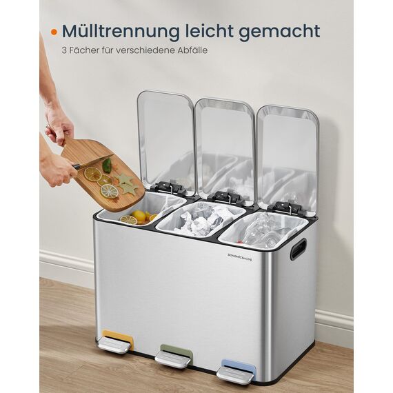 SONGMICS HOME Mülleimer Küche, 3 x 15 L Fächer, Abfalleimer mit farbcodierbaren Pedalen, Mülltrennsystem, mit Deckeln und Inneneimern, Stahl, metallicsilber LTB740E45V1