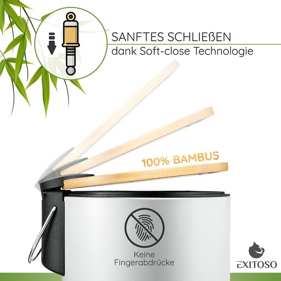 Exitoso kleiner Mülleimer Bad weiß - Kosmetikeimer 3L Bambus rutschfest - Tretmülleimer Bad Edelstahl mit Softclose Deckel - Badmülleimer Kosmetikeimer weiß Bad Mülleimer Badezimmer WC Eimer