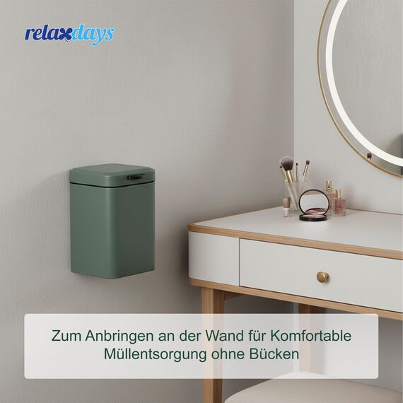 Relaxdays Kosmetikeimer Wandmontage, 3 l, Absenkautomatik, entnehmbarer Inneneimer, Bad Mülleimer, Edelstahl, dunkelgrün