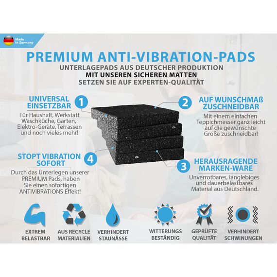 Schwingungsdämpfer Waschmaschinen 90x90x15mm - 8er Set - Anti vibration Pads, Gummiunterlage Antivibrationsunterlage für Trockner, Möbel & co - Unterlage Antirutschunterlage - DEUTSCHE PRODUKTION