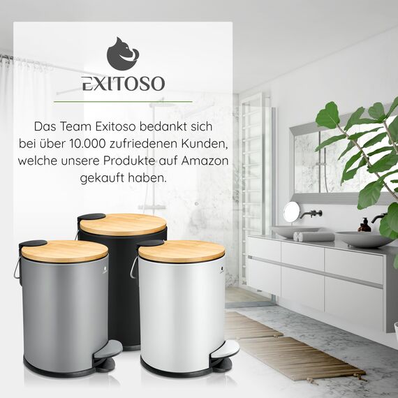 Exitoso kleiner Mülleimer Bad weiß - Kosmetikeimer 3L Bambus rutschfest - Tretmülleimer Bad Edelstahl mit Softclose Deckel - Badmülleimer Kosmetikeimer weiß Bad Mülleimer Badezimmer WC Eimer