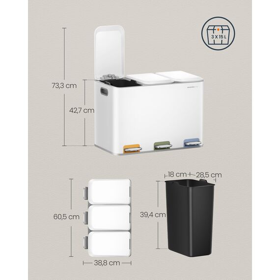 SONGMICS HOME Mülleimer Küche, 3 x 15 L Fächer, Abfalleimer mit farbcodierbaren Pedalen, Mülltrennsystem, mit Deckeln und Inneneimern, Stahl, wolkenweiß LTB740W02V1