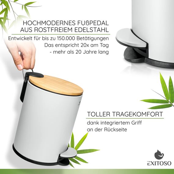 Exitoso kleiner Mülleimer Bad weiß - Kosmetikeimer 3L Bambus rutschfest - Tretmülleimer Bad Edelstahl mit Softclose Deckel - Badmülleimer Kosmetikeimer weiß Bad Mülleimer Badezimmer WC Eimer