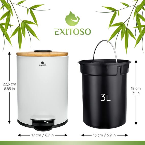 Exitoso kleiner Mülleimer Bad weiß - Kosmetikeimer 3L Bambus rutschfest - Tretmülleimer Bad Edelstahl mit Softclose Deckel - Badmülleimer Kosmetikeimer weiß Bad Mülleimer Badezimmer WC Eimer