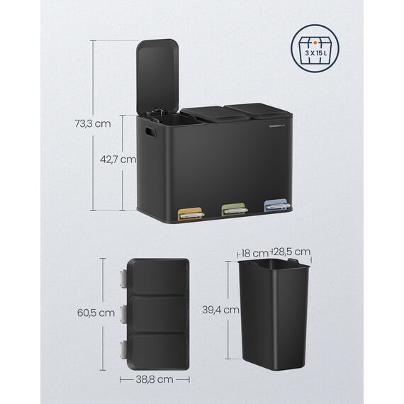 SONGMICS HOME Mülleimer Küche, 3 x 15 L Fächer, Abfalleimer mit farbcodierbaren Pedalen, Mülltrennsystem, mit Deckeln und Inneneimern, Stahl, tintenschwarz LTB740B02V1
