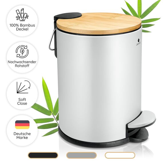 Exitoso kleiner Mülleimer Bad weiß - Kosmetikeimer 3L Bambus rutschfest - Tretmülleimer Bad Edelstahl mit Softclose Deckel - Badmülleimer Kosmetikeimer weiß Bad Mülleimer Badezimmer WC Eimer