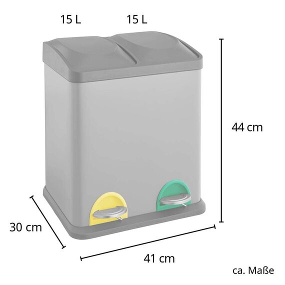 SVITA TC2X15 Küchen-Eimer 30 Liter Grau 2x15L doppelt Abfalleimer 2er-Mülleimer Mülltrennung Treteimer