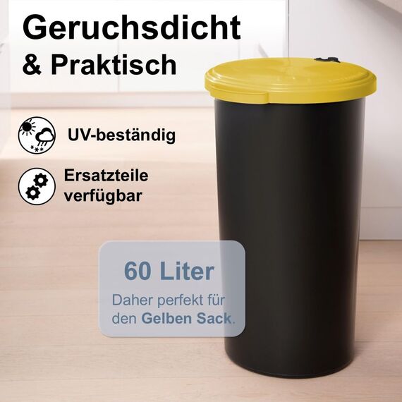 KUEFA VL 60l Müllsackständer, Mülleimer, Sammelbehälter mit Scharnierdeckel für den Gelben Sack, Pfandflaschen, Leergut (1, Gelb)