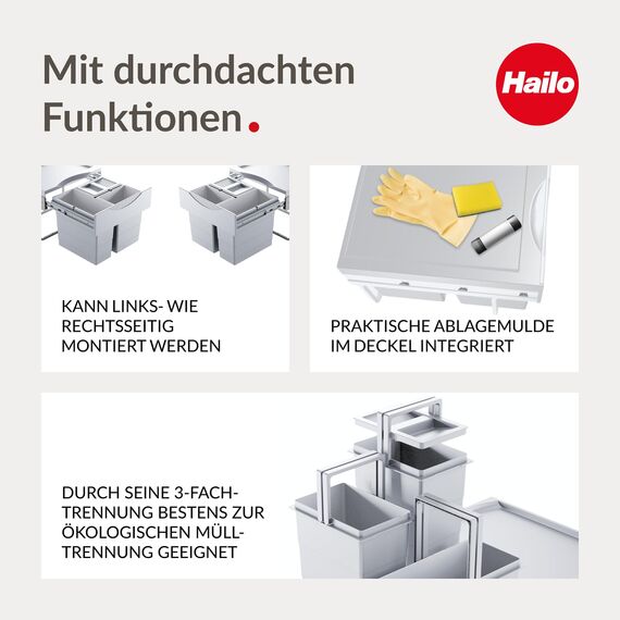 Hailo Raumspar Tandem 3644731 Einbau-Mülltrenner mit 3 Fächern - Küchen-Mülleimer zum Einbauen im Unterschrank - 12 und 2x 8 L - Abfalleimer mit Vollauszug für Drehtür-Schränke ab 50 cm - Hellgrau
