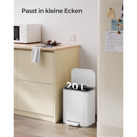 SONGMICS Mülleimer Küche, 20 Liter Abfalleimer mit Deckel, Tretmülleimer, Stahl, Softclose, Offenhaltefunktion, mit Inneneimer, breites rutschfestes Pedal, wolkenweiß LTB542W02