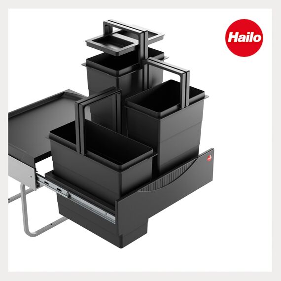 Hailo Abfallsammler 3644911 | 3fach Raumspar Tandem Abfalltrennsystem | 2x 8 + 12L Inneneimer im Teleskop-Vollauszug | ab 50 cm breiten Unterschrank mit Drehtür montierbar | Farbe Dunkelgrau