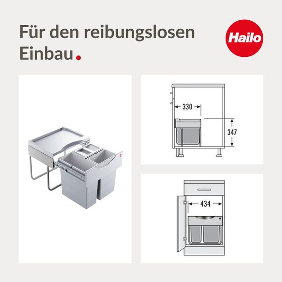 Hailo Raumspar Tandem 3644731 Einbau-Mülltrenner mit 3 Fächern - Küchen-Mülleimer zum Einbauen im Unterschrank - 12 und 2x 8 L - Abfalleimer mit Vollauszug für Drehtür-Schränke ab 50 cm - Hellgrau