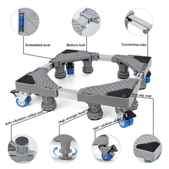 NIUXX Waschmaschine Sockel Untergestell mit 8 Füßen+4 Räder für Waschwaschine,Kühlschrank und Trockner,Verstellbare Waschmaschinensockel mit Rutschfester Stoßdämpfungsfunktion,(Einstellbare:42-66cm)