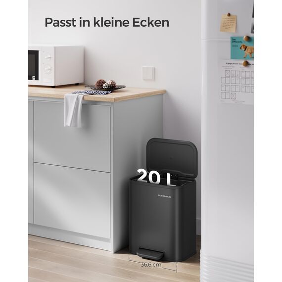 SONGMICS Mülleimer Küche, 20 Liter Abfalleimer mit Deckel, Tretmülleimer, Stahl, Softclose, Offenhaltefunktion, mit Inneneimer, breites rutschfestes Pedal, tintenschwarz LTB542B02
