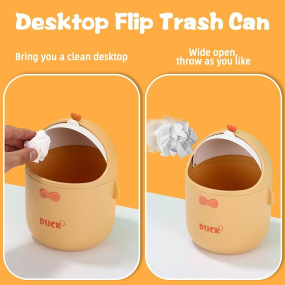 Huifoo Mini TischmüLleimer mit Deckel, Süße Cartoon Tisch Mülleimer, Cute Papierkorb Klein, Kawaii Deko, Aufbewahrungsbox, für BüRos, Kinderzimmer, Schminktisch, Wohnzimmer - Gelb