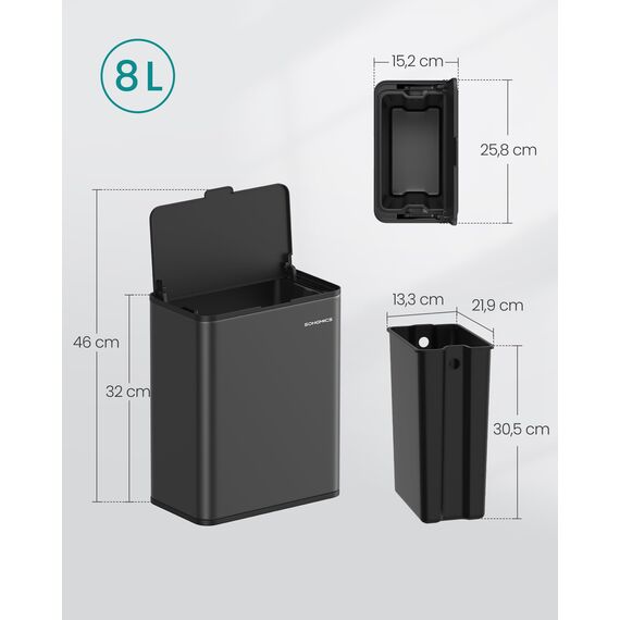 SONGMICS Mülleimer hängend, 8 L Komposteimer Küche, Stahl-Abfalleimer mit Deckel für Biomüll, mit Haken, an der Schranktür oder Wand, für Unterschrank Badezimmer, tintenschwarz LTB810B01