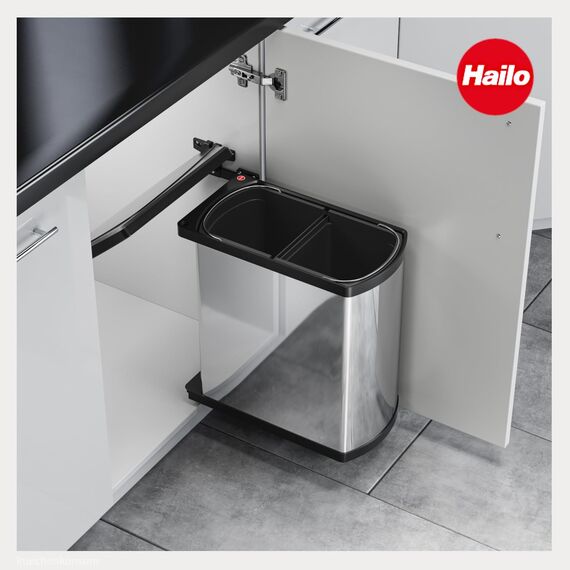 Hailo Abfallsammler 3416101 | Schwenkbarer Einbau-Mülleimer Duo 16 L | Poliertes Schwarzes Design | Für Schränke ab 45 cm Breite mit Drehtür | Platzsparend Einfache Montage | Hochwertige Verarbeitung