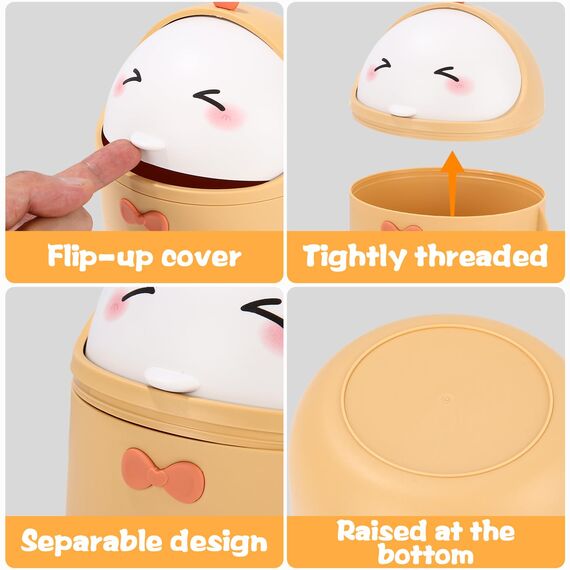 Huifoo Mini TischmüLleimer mit Deckel, Süße Cartoon Tisch Mülleimer, Cute Papierkorb Klein, Kawaii Deko, Aufbewahrungsbox, für BüRos, Kinderzimmer, Schminktisch, Wohnzimmer - Gelb