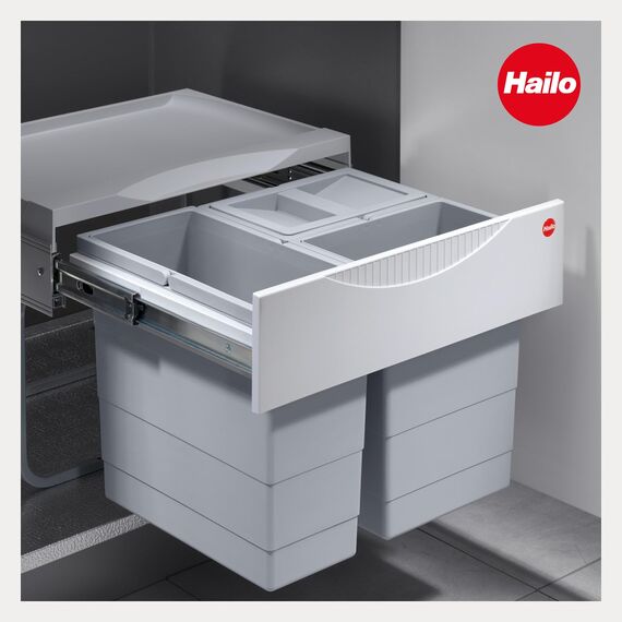 Hailo Raumspar Tandem 3644731 Einbau-Mülltrenner mit 3 Fächern - Küchen-Mülleimer zum Einbauen im Unterschrank - 12 und 2x 8 L - Abfalleimer mit Vollauszug für Drehtür-Schränke ab 50 cm - Hellgrau