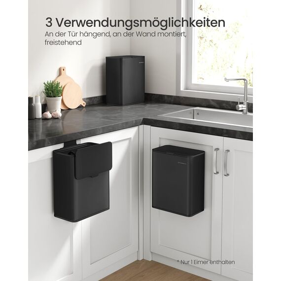 SONGMICS Mülleimer hängend, 8 L Komposteimer Küche, Stahl-Abfalleimer mit Deckel für Biomüll, mit Haken, an der Schranktür oder Wand, für Unterschrank Badezimmer, tintenschwarz LTB810B01